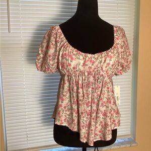 No Boundaries Pink Floral Short Sleeve Smocked Blouse